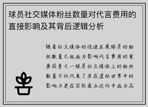 球员社交媒体粉丝数量对代言费用的直接影响及其背后逻辑分析