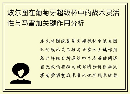 波尔图在葡萄牙超级杯中的战术灵活性与马雷加关键作用分析
