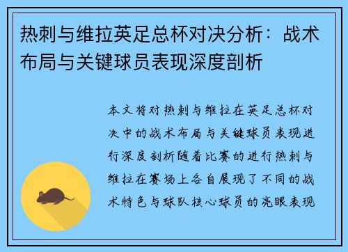 热刺与维拉英足总杯对决分析：战术布局与关键球员表现深度剖析